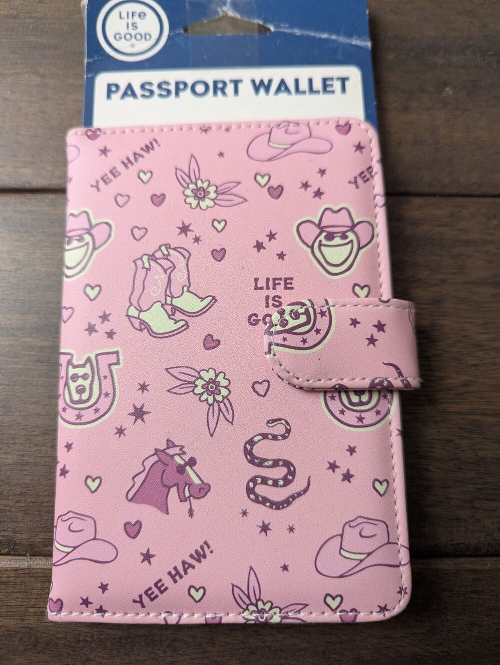 Life is Good Passport Wallet Cover Case Pink Horses Horse Shoe Boots Hat New